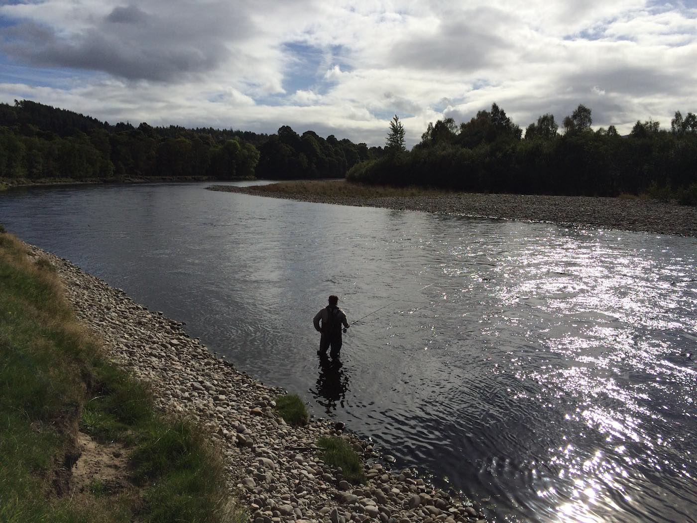 The Tay tributary River Tummel is a renowned Spring salmon fishery. This salmon fishing holiday guest is working his way down though the Green Bank Pool on the Lower Tummel Beat which is located at Moulinearn near Pitlochry under the supervision of his professional salmon fishing instructor.