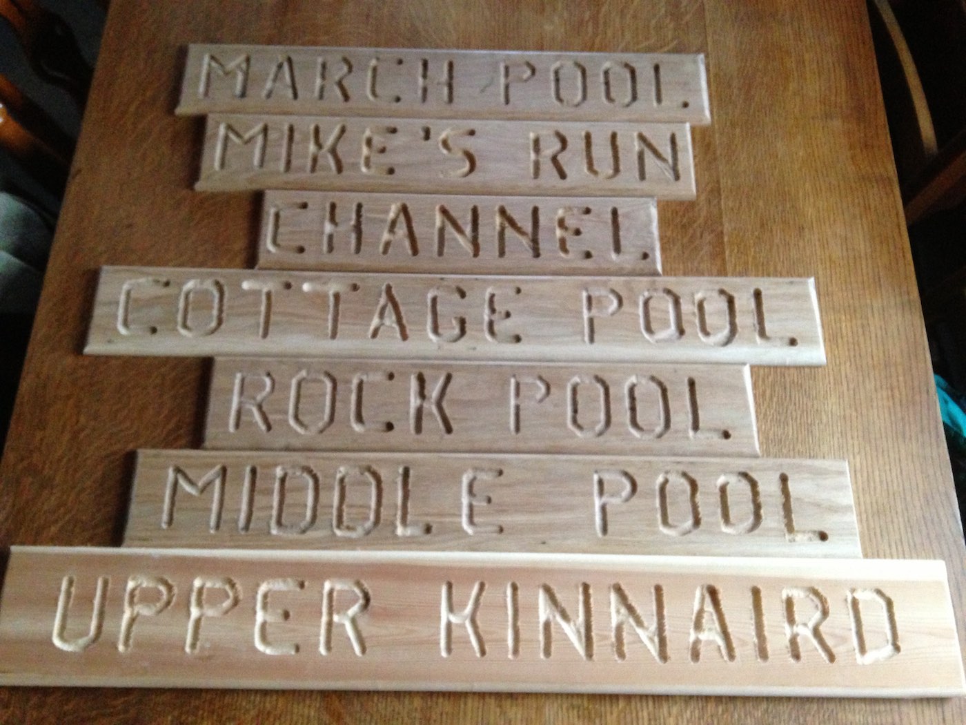 Here's some hand carved oak signs that were made for the Kinnaird Beat salmon fishers for easy salmon fishing pool identification. This type of professional salmon beat management doesn't go unnoticed by visiting salmon fishers and is just one small detail for getting you salmon beat in perfect presentation order.
