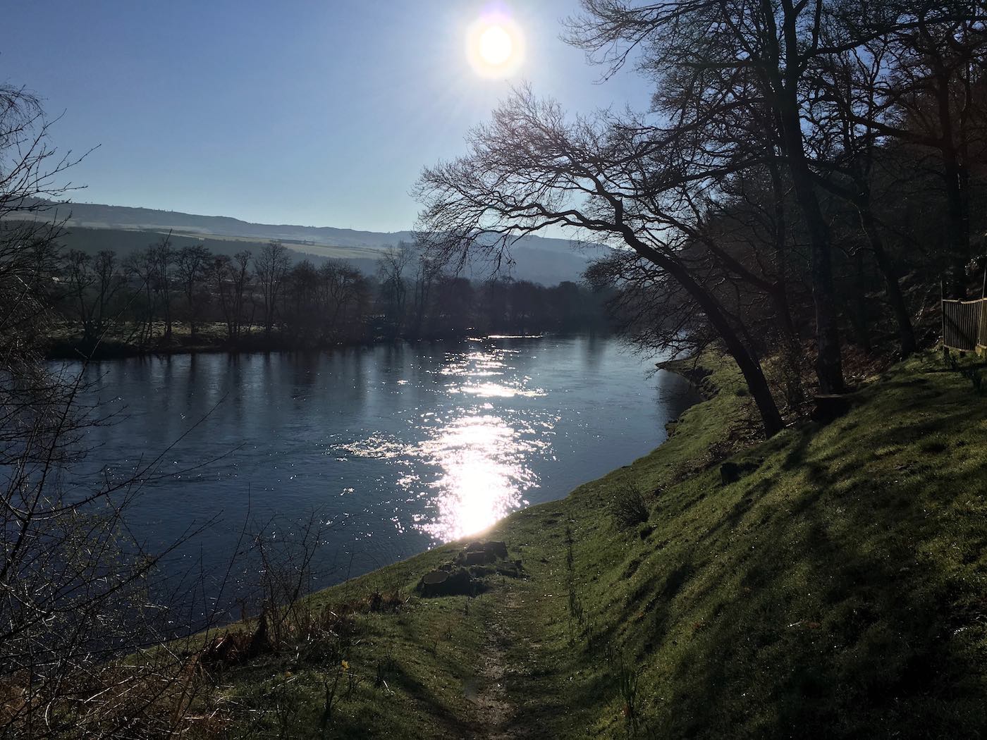 Here's the shimmering sunlight dancing across the River Tay near Pitlochry during early Spring. Even early Spring has some amazing scenery like this well before the leaves appear on the riverside trees. There's much more to Scottish salmon fishing trips than just catching salmon.
