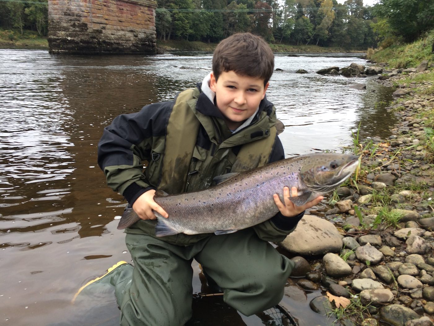 Here's young Johnny Monteith with a perfect Autumn hen salmon that he hooked under the bridge on the Cargill Beat of the River Tay which is a very good salmon fishing hot spot. This salmon took an ABU Toby Salmo lure and I was his salmon fishing guide that highly memorable day.