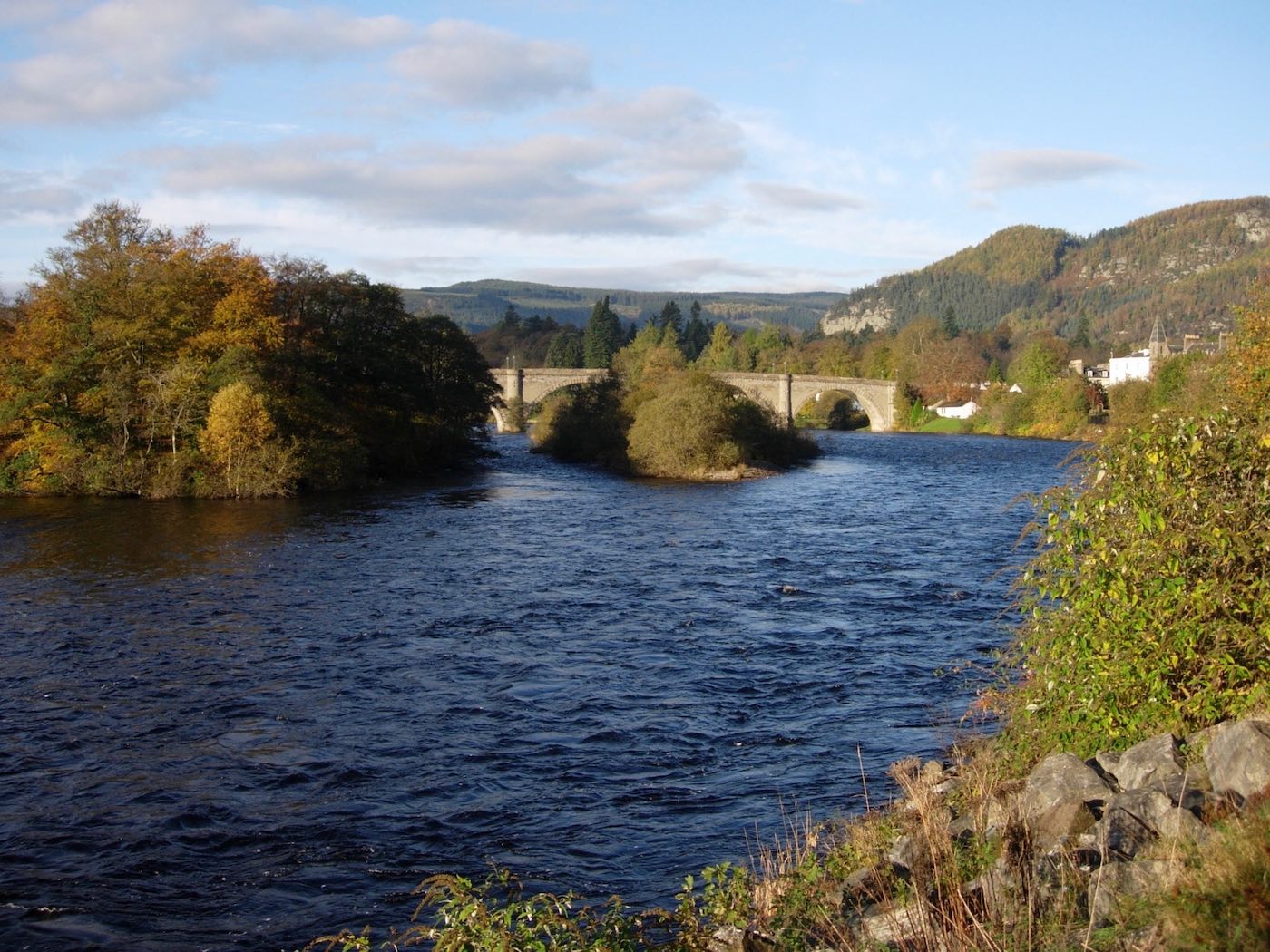 Here's an upstream shot of the 200 year old Telford Bridge in Dunkeld which is a popular fishing town in the River Tay Valley. This lovely fast streamy water goes right up under the bridge to the Dunkeld Cathedral which is located slightly upstream of the bridge. I took this shot while I was the Head Ghillie and main salmon fishing guide on the immediately downstream Newtle salmon beat.