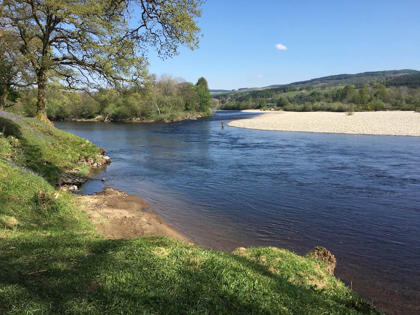 This lovely early Spring photograph shows a lone salmon fishing trip fisher over casting their fly at the mouth of the River Tummel where it enters the Tay. This is a perfect lowish water sunlit day for increased chances of catching a prized Spring salmon. I took this upstream facing photograph while serving as a salmon fishing guide.