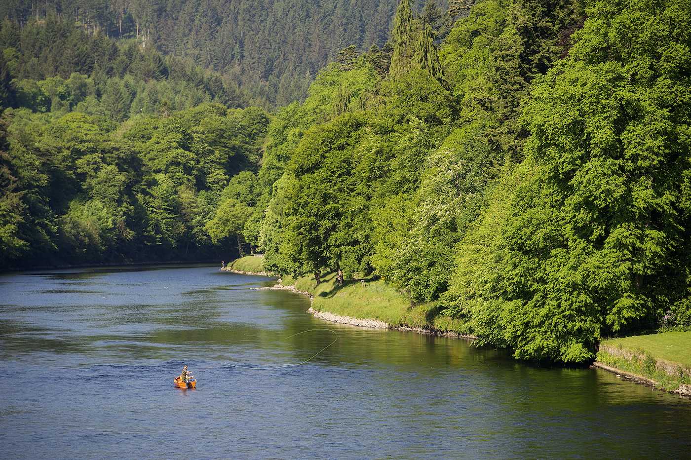 There's something magical about fishing the Cathedral Stream on the Dunkeld House Beat of the River Tay. Maybe it's something to do with the old ley lines that run through this location. This natural energy can be felt by anglers and salmon! I took this shot of the salmon beat head ghillie in his boat while serving as the accompanying guest's salmon fishing guide. I took this upstream shot from the mid section of the 200 year old Telford Bridge at Dunkeld.