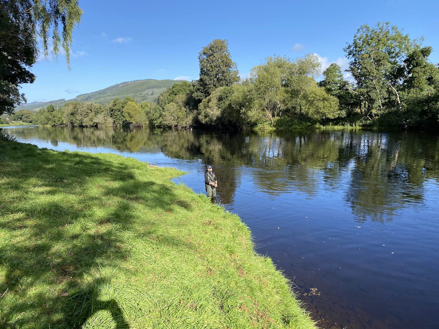 Here's another picture postcard shot of the Green Bank Pool of the River Tay's Kinnaird Beat which was taken during the month of July while the riverbanks were in full bloom. This salmon fisher is spinning through the mid point of the pool. This fishing area of the River Tay Valley has some of the most amazing natural beauty and is close to the popular Perthshire towns of Pitlochry & Dunkeld.
