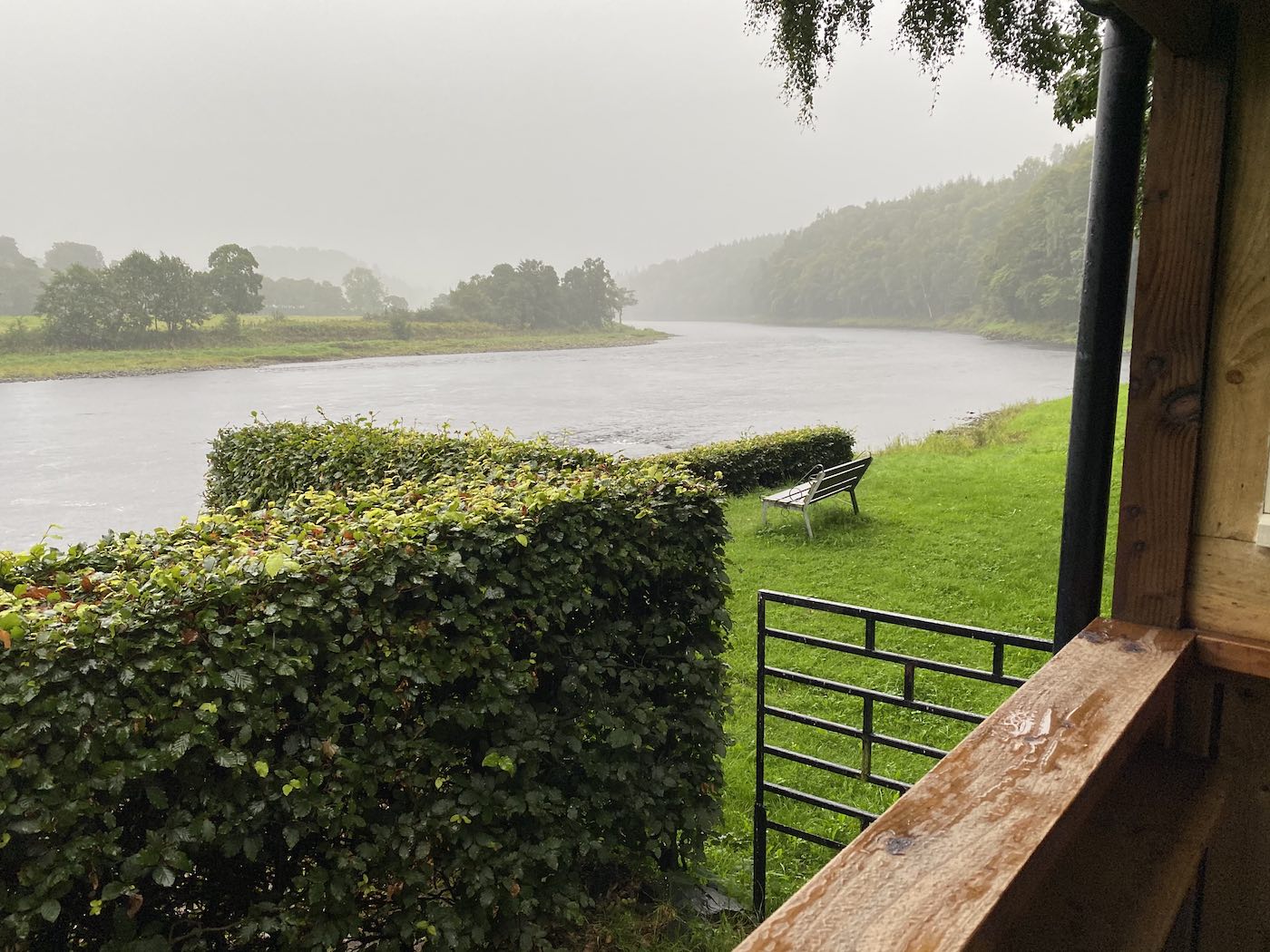 Here's a downstream view of the tail of the Cottar Pool and The Boil Pool from the sanctuary of the Newtyle Beat fishing hut viewing gallery. On the vast riverbanks of the Tay and other main Scottish salmon rivers it's always good to have a nearby fishing hut to take shelter in if the weather closes in. Look at the perfectly cut beech hedges that surround this famous fishing hut.