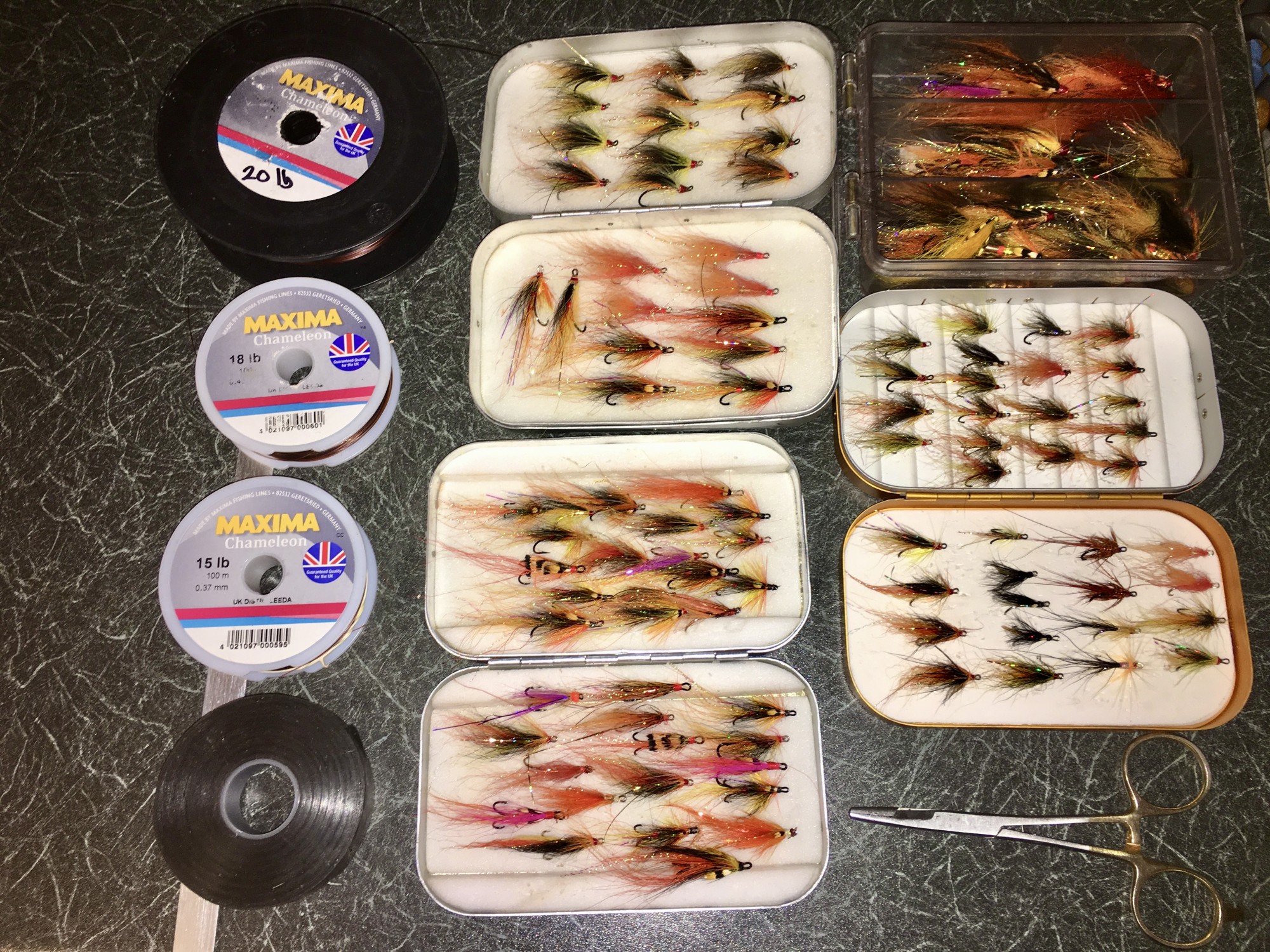 Here's a glimpse of the salmon fly patterns I have absolute faith in. Although I'll always experiment with different fly patterns my main 2 are the 'Copperass' & the 'Jock's Shrimp' patterns which account for 85% of the salmon I'm involved in the capture of each year. The Maxima spools you see is my favourite salmon fly leader material.