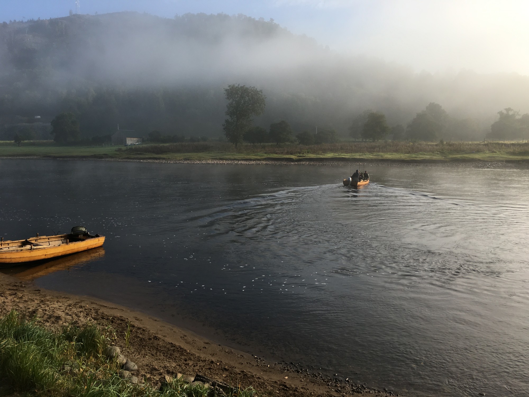 Here's the Newtyle salmon fishing ghillie ferrying anglers across to the popular left hand bank of the Cottar Pool which is a very productive pool on this lovely middle Tay salmon beat. This early morning photo captured the mist rising off the Tay Valley.