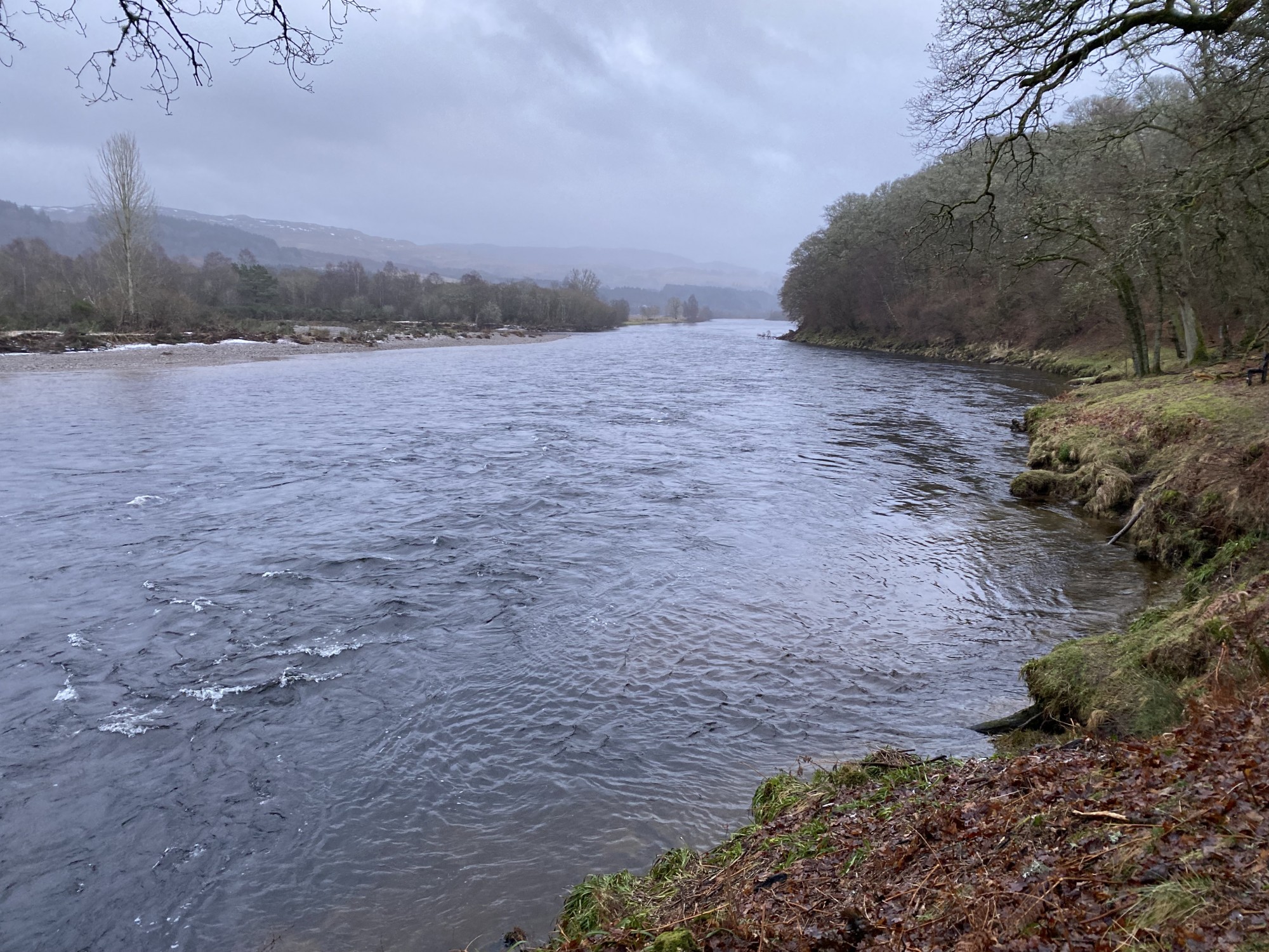 I took this River Tay salmon pool shot In low water conditions and many salmon hold in this perfect salmon stream which is directly opposite the mouth of the River Tummel. This pool fishes primarily from the opposite left hand bank but myself and many other salmon anglers prefer fishing this pool from this right hand bank. This shot was taken during early Spring looking down river from this right hand bank of the Tay.