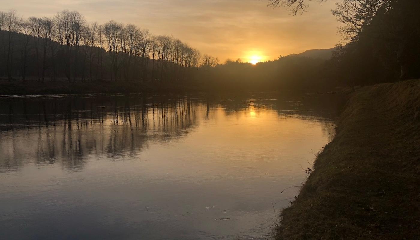 Here's a lovely sunset at Dunkeld on the River Tay. It's always nice to fish the Tay for salmon right up to this special time of the fishing day and often salmon will move as the light starts to fade so there's always a fair chance of a fish in addition to this beautiful natural light show. You can see this shot was taken during early Spring before the leaves appear on the riverbank trees.