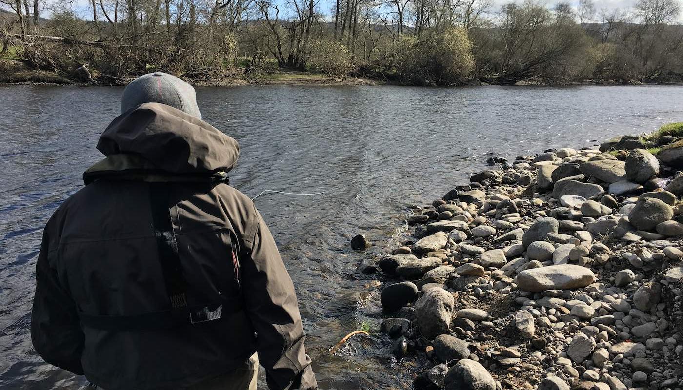 Here's one of our River Tay salmon fishing trip guests moments before a Spring salmon took his fly at the Green Bank Pool of the River Tay at Kinnaird. Careful salmon lie approach often pays off when fishing any salmon pool especially when salmon are suspected of lying close to the riverbank like this scenario. This fisher had come from California to fish the Tay and departed with a very special memory.